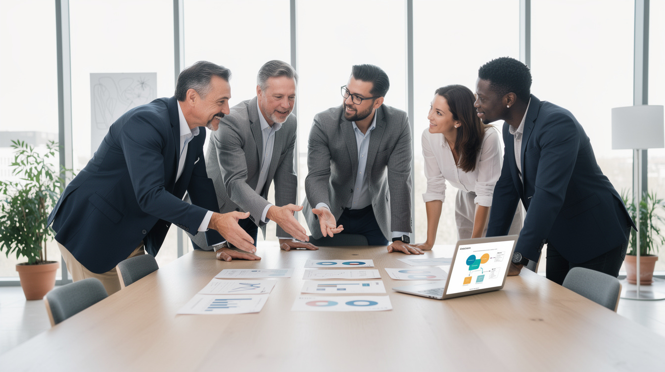 Diverse team of Belgian professionals discussing charts around a table